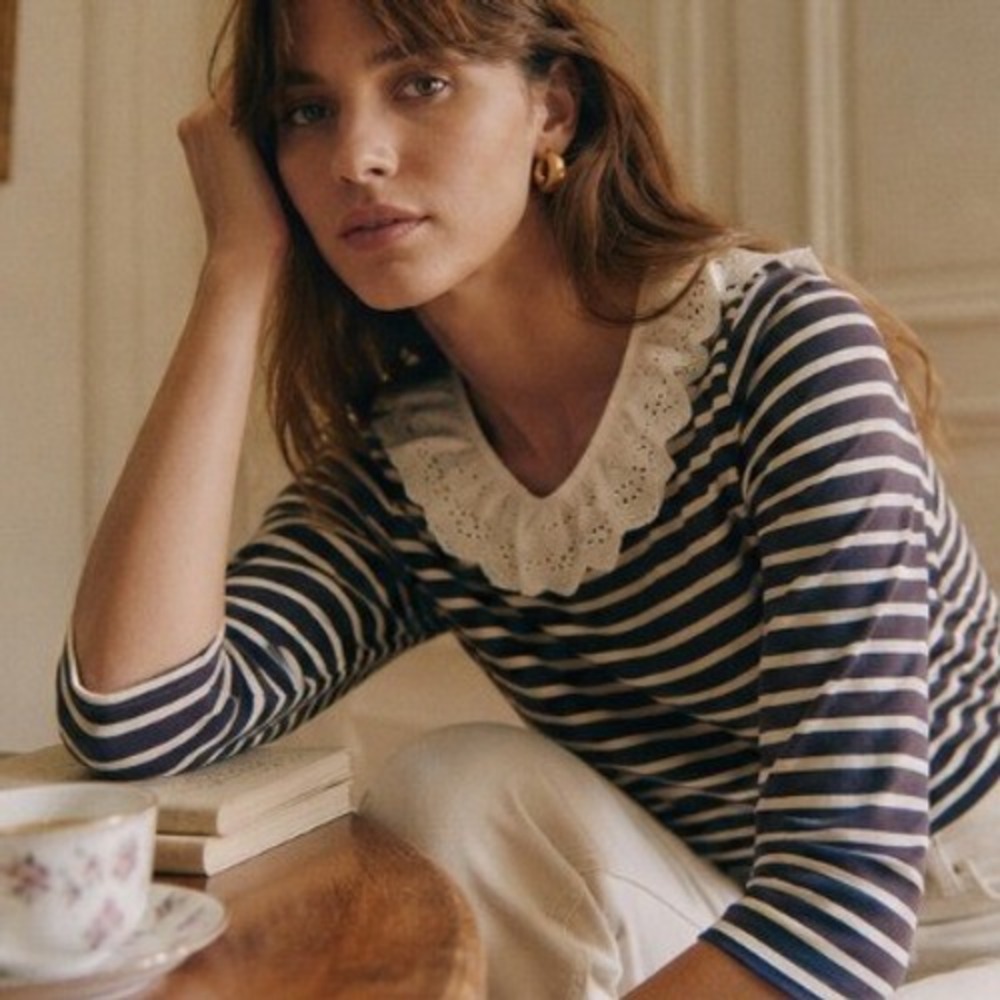 Leon & Harper Striped Lace Collar Top Medium White Nautical‎ Twee Romantic Paris